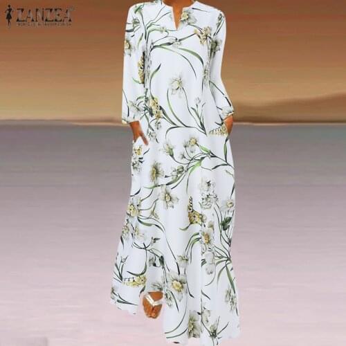ZANZEA 2021 Bohemina Spring Printed Maxi Dress Womens Floral Sundress Long Sleeve Maxi Vestidos Female V neck Robe