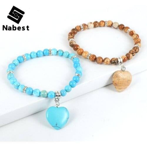 Women Natural Stone Love Heart Charm Beaded Bracelet Tiger Eye Crystal Green Tanglin Turquoises Bangle Jewelry Valentines Gifts