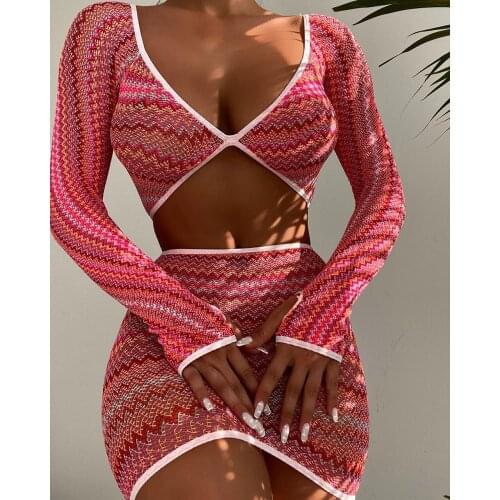 Wsevypo Sexy See Through Striped Two-piece Skirts Suits Summer Women Beach Club Wear Long Sleeve V-Neck Crop Tops+Mini Skirts