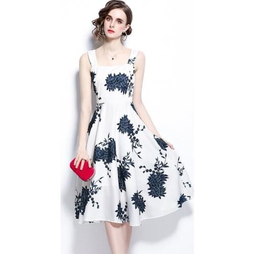 Sexy Floral Print Women Party Dress Summer High Quality Spaghetti Strap White Slim Vintage A-line Robe Female Elegant Vestidos