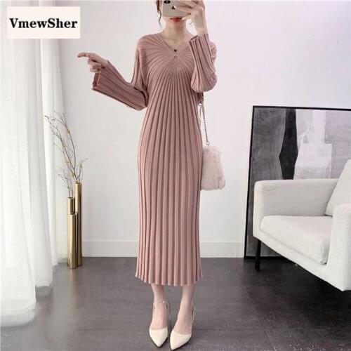 VmewSher Winter Knitted Women Sweater Dress Fashion Solid Color Female V Neck Sheath Dress 2020 Autumn New Long Dress for Female