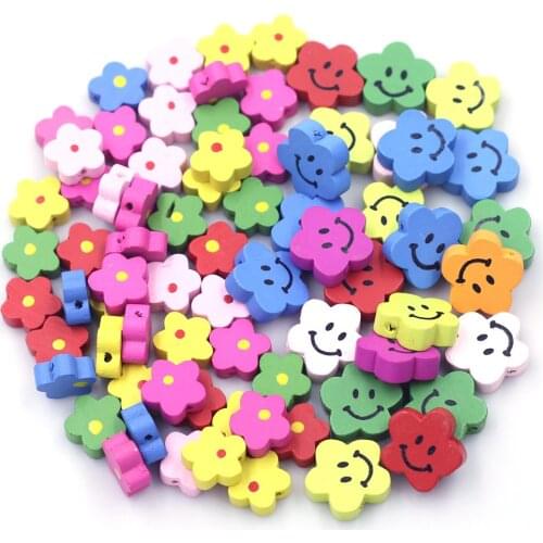 50PCS Mixed Wood Spacer Beads Flower Floral Smile DIY Jewelry Crafts Making Eco-Friendly Ornaments Kids Handwork Accessories