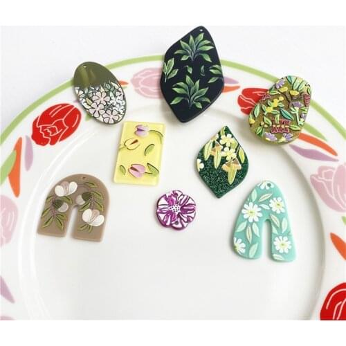 6PCS INS Special Shaped Oval Printing Illustration Flower Embossed Acrylic Pendant DIY Handmade Jewelry Earrings Accessories