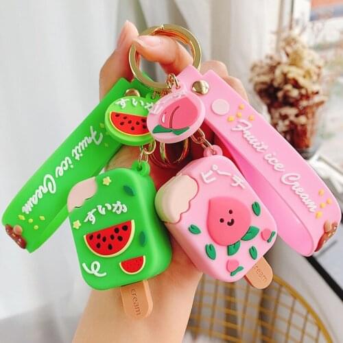 Personality Cartoon Watermelon Peach Ice Cream Keychain Creative Cute Sweet Grape Orange Keyring Women Men Car Bag Pendant Gift