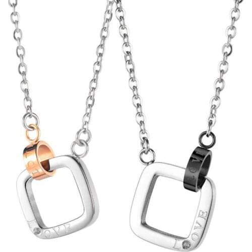Stainless Steel Men Women Lovers Square Frame Cubic Zirconia Pendant Necklace Jewelry Gift For Him with Chain