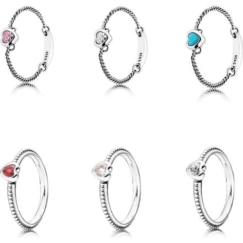 CHAMSS Classic Fashion S925 Heart-shaped Silver Ring With Rose Pink Red Blue Spiritual Original Jewelry Birthday Engagement Gift