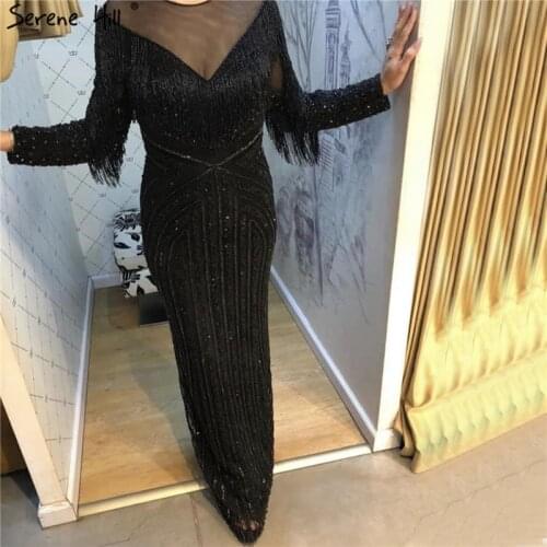 Black Luxury Sexy Evening Dresses 2020 Slim Mermaid Tassel Beading Long Sleeves Evening Gowns For Woman LA60716