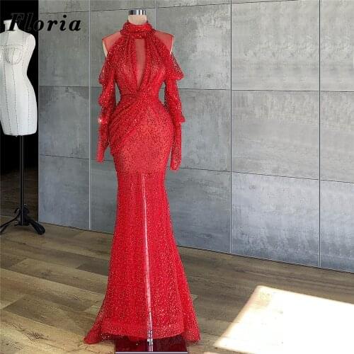 Dubai Design Red Beaded Dresses For Women Arabic Plus Size Long Party Night Gowns Robe De Soiree 2021 Bling Mermaid Prom Dress