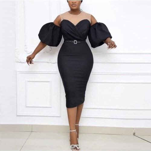 Elegant Dress Women Bodycon High Waisted Patchwork Cold Shoulder Lantern Sleeve Mid Calf Business Office Dress Midi Clothes 2021