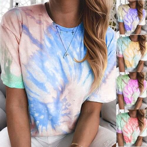 2020 Summer New Tie-dye Plus Size T-shirt Colorful Printing Casual Polyester Round Neck Short Sleeve Loose Regular T-shirt