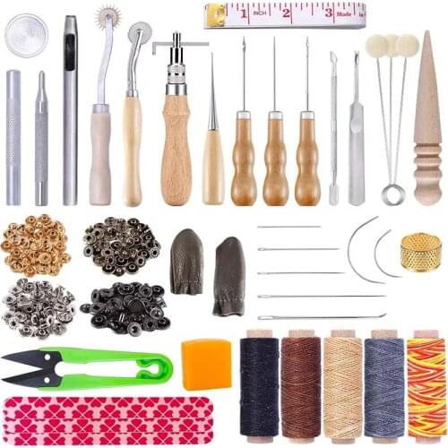 Imzay Leather Working Tools With Waxed Thread, Sewing Needles， Adjustable Leather Stitching Groover, Leather Snap Fasteners Kit