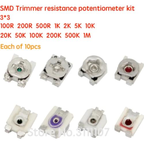 130PCS 3*3 10-1 M Ohm Trimpot Trimmer Potentiometer Variable Resistor Kit 10R-1M 3X3 SMD Adjustable Potentiomete Resistance