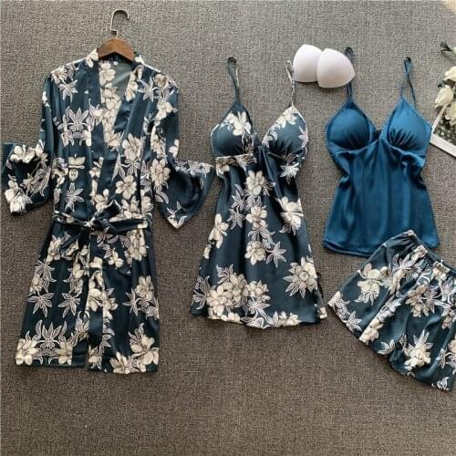 Summer Women Pajamas Sets Flower Sleepwear Rayon 4 Pcs Nightwear Pyjama Spaghetti Strap Sleep Lounge Set Pijama With Chest Pads