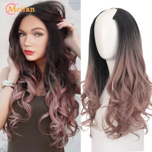 MEIFAN Long Straight/ Wavy Curly U-Shaped Half Wig for Women Natural Brown Black Wigs Synthetic Fake Hair Extensions