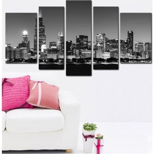Wall Art Canvas Paintings Pictures Modular 5 Pieces Black And White City HD Prints Scenery Poster Living Room Home Decor