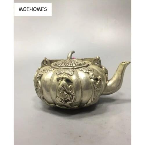 MOEHOMES China Collectible home Decorate Old Tibet silver carving Eight Immortals statue tea pot Flagon metal crafts