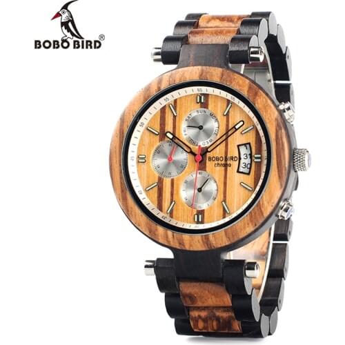 BOBO BIRD WP17 Men Wood Multi-function Ebony Watches Wood Band Fashion Quartz Male Clock Back Cap Custom Watch