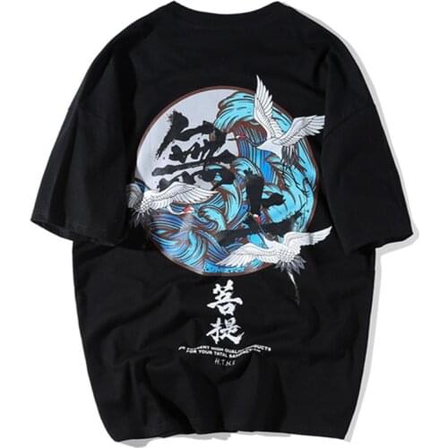 Crane Print T Shirts Mens Hip Hop T-Shirt Chinese Character Casual Tops Tees 2020 Summer Harajuku Streetwear Tshirt Black HH162