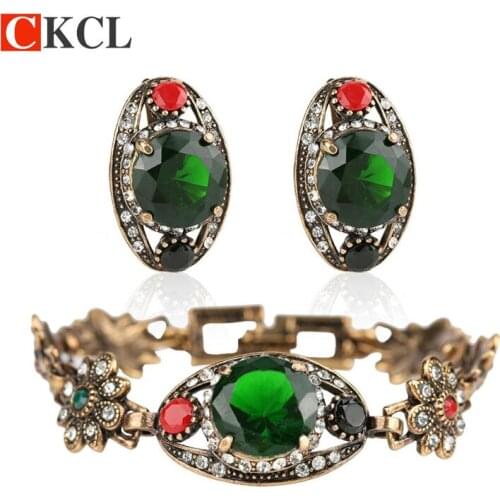 Fashion Shiny Gold Color Vintage Bridesmaid Green Jewelry Sets 2 Pieces Of Earring Bracelet For Women turkish jewelry