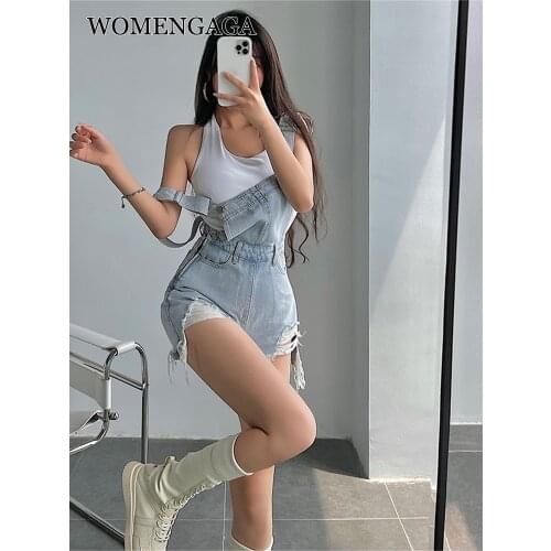 WOMENGAGA 2021 Summer New Spice Girls Holed Denim Backpack Short Loose And Thin Wide Leg Hot Jumpsuits&Rompers Kroean D8LH