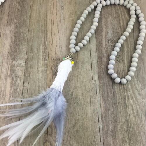 New Big Chunky Statement Crystal Pendant Wood Bead Necklace Luxury Style Feather Collar Choker Jewelry For Women