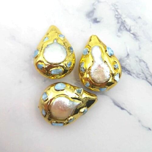 New Water Drop Shape Natural Blue Larimar Freshwater Pear Insert Loose Beads Gold Plated For Men Women DIY Accessories Fashion