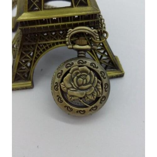 New Bronze Gift fashion girl lady retro vintage bronze mini rose flower pocket watch necklace hour 10pcs/lot