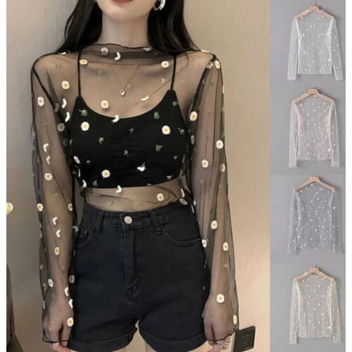 Sexy Women See Through Transparent Mesh Tops Long Sleeve Sheer Slim Ladies Turtleneck Daisy T-shirts Tees Tops T shirt Shirt