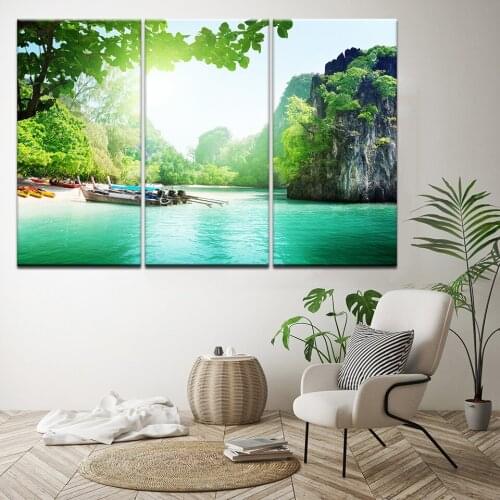 Home Decor Prints Framework Picture 3 Piece Wooden boat Natural Landscape Green Lake Canvas Wall Art Poster Living Room Painting