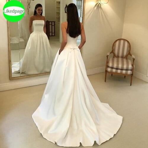 Simple Satin Wedding Dress 2021 Vestidos De Novia Strapless A Line Robe Mariage Boda Bride Gown Trouwjurk With Pocket Bow Belt