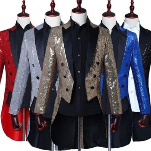 Drop Shipping XXXL XXL Men Tuxedo Sequins British Jacket Formal Tail Coat Dress Club Dance Blazer Halloween Costume Men Set