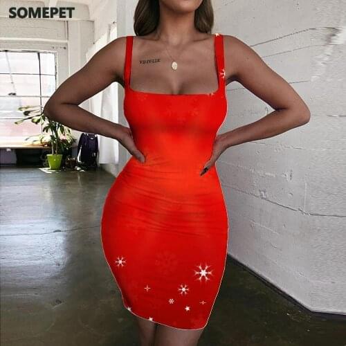SOMEPET Christmas Dresses Women Snowflake Bodycon Dress Painting Halter Sleeveless Art Vestido Sexy Womens Clothing Party New