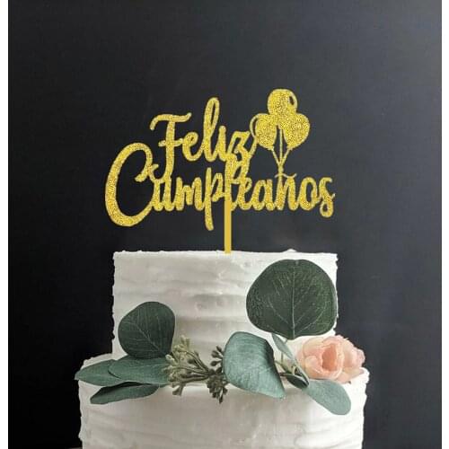 Gold Glitter Feliz cumpleaños Cake Topper for Fiesta Theme Party Decors, Spanish Happy Birthday Party Sign Supplies