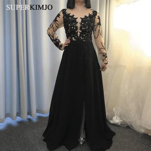 SuperKimJo Black Prom Dresses Vestidos De Graduacion Largos 2020 Lace Applique Beaded Elegant Cheap Prom Gown with Slit