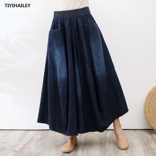 TIYIHAILEY Free Shipping 2020 Long Maxi A-line Women Elastic Waist Winter Autumn Denim Jeans Vintage Skirt With Pockets Thick