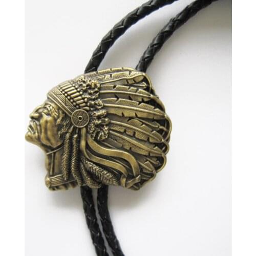 Vintage Bronze Plated Western Chief Bolo Tie Wedding Leather Necklace Neck Tie