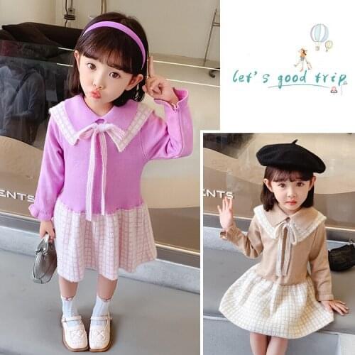 Girls' Knitted Base A-line College Style Dress Toddler Girl Sweater Autumn Fall Girl Toddler Outfits Toddler Fall Clothes 2021