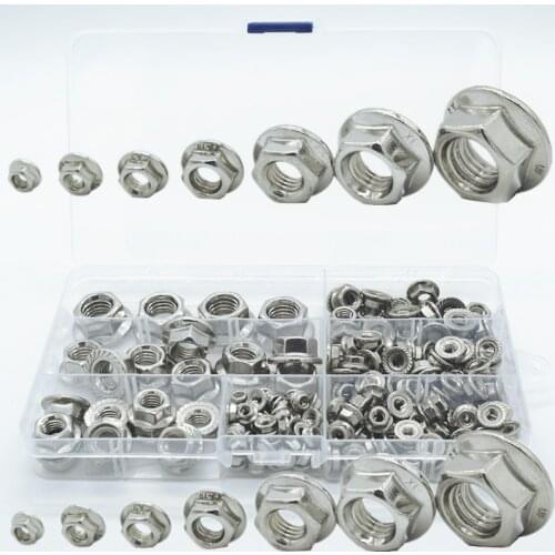 High Quality 192pcs Hexagon Flange Nuts Assortment Kit M3 M4 M5 M6 M8 M10 M12 304 Stainless Steel Metric Flange Nuts Set DIN6923