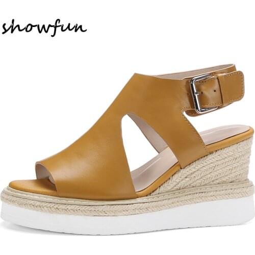 Womens genuine leather wedge platform sandals open toe female soft comfortable high heel pumps hemp summer dress sandals shoes
