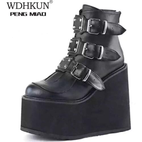 Winter Buckle Ankel Boots Women Punk Female Platform Boots Wedges High Heels PU Women Boots Botas Mujer Plus Size 43