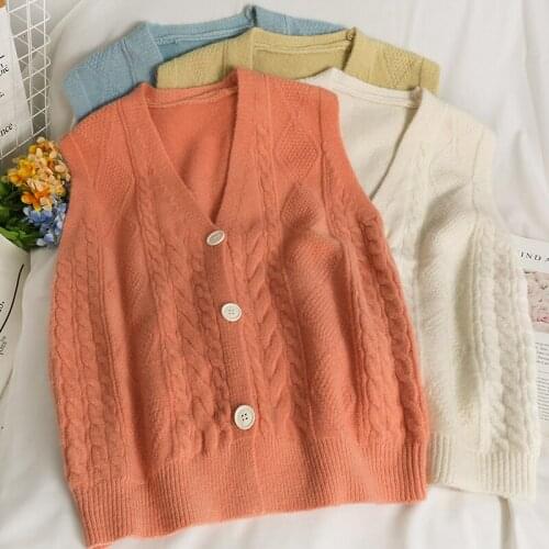 Retro Twist V-neck Knitted Sweater Vest Womens 2021 Autumn Slim Single Breasted Korean Sleeveless Preppy Style Waistcoat