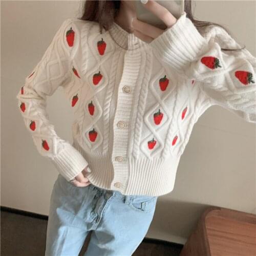Strawberry Sweater Women Crochet Floral Knitted Cropped Cardigan Vogue Korean Sueter Coat Autumn Winter Clothes Pull Femme