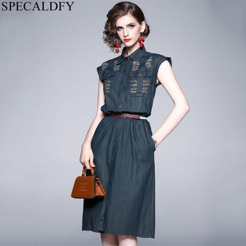 S-4XL Summer Jeans Dress Plus Size Ripped Hole Vintage Denim Dress Women Sleeveless Casual Midi-calf Dresses Large Size Vestidos