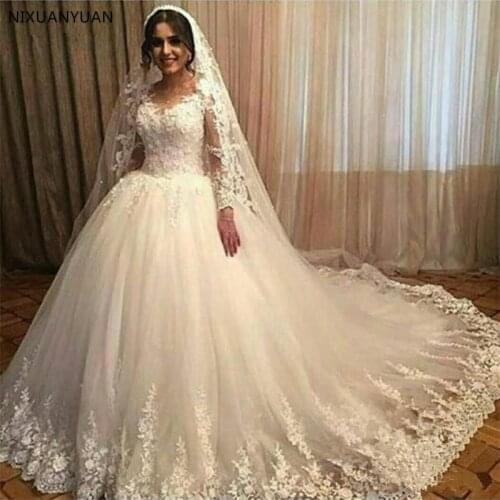 Long Sleeves Lace Appliqeus Tulle Wedding Dresses Plus Size Ball Gown Bridal Dress Lace Wedding Gowns Vestidos De Novia