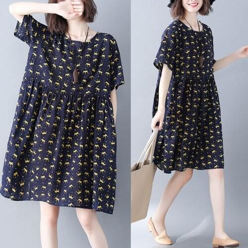 2020 New Spring Summer literary large size slim loose Round neck Short Sleeve Print Dress Women V503