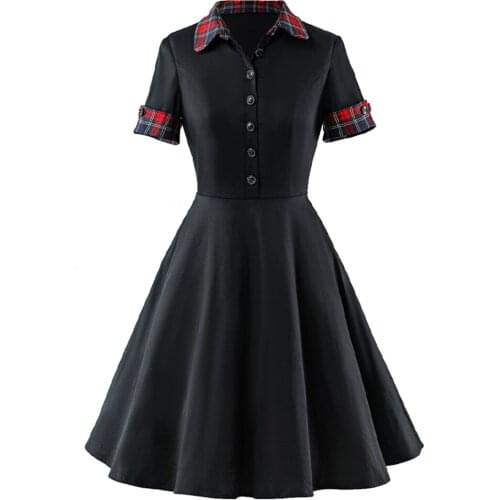 Vintage Pinup Swing Women Dress Turn Down Collar Plaid Printed England Style Elegant Office Party Flare A-Line Hepburn Dresses