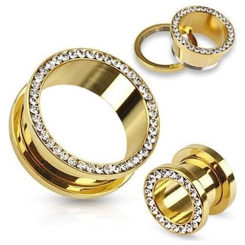 Gold FLesh Tunnel Gold Anti allergy fashion Clear Gem ear expansion stainless steel ear expander body piercing jewelry