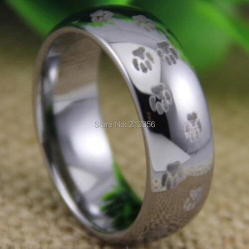 Free Shipping USA UK CANADA RUSSIA Brazil Hot Selling 8MM Lovely Doggy Prints Silver Dome New Mens Fashion Tungsten Wedding Ring