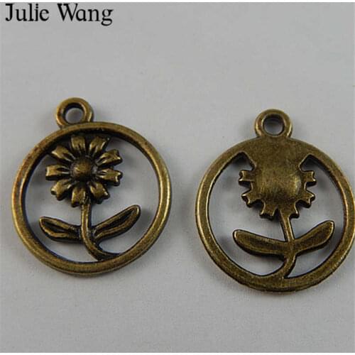 Julie Wang 12pcs Antique Bronze Round Sunflower Alloy Charms Necklace Pendants Earrings Findings Jewelry Making Accessory
