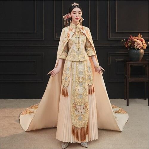 Elegant High-end Champagne Phoenix Embroidery Cloak Cheongsam Chinese Wedding Dress Formal Vintage Women Banquet Costume Bride